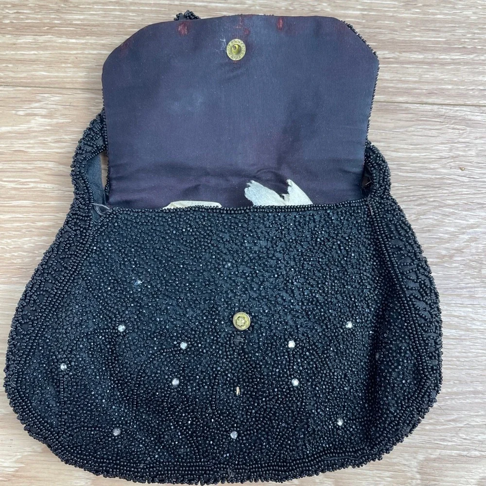 Vintage Black Beaded Evening Bag Rhinestone Floral Bow Handle Handbag 1950s
